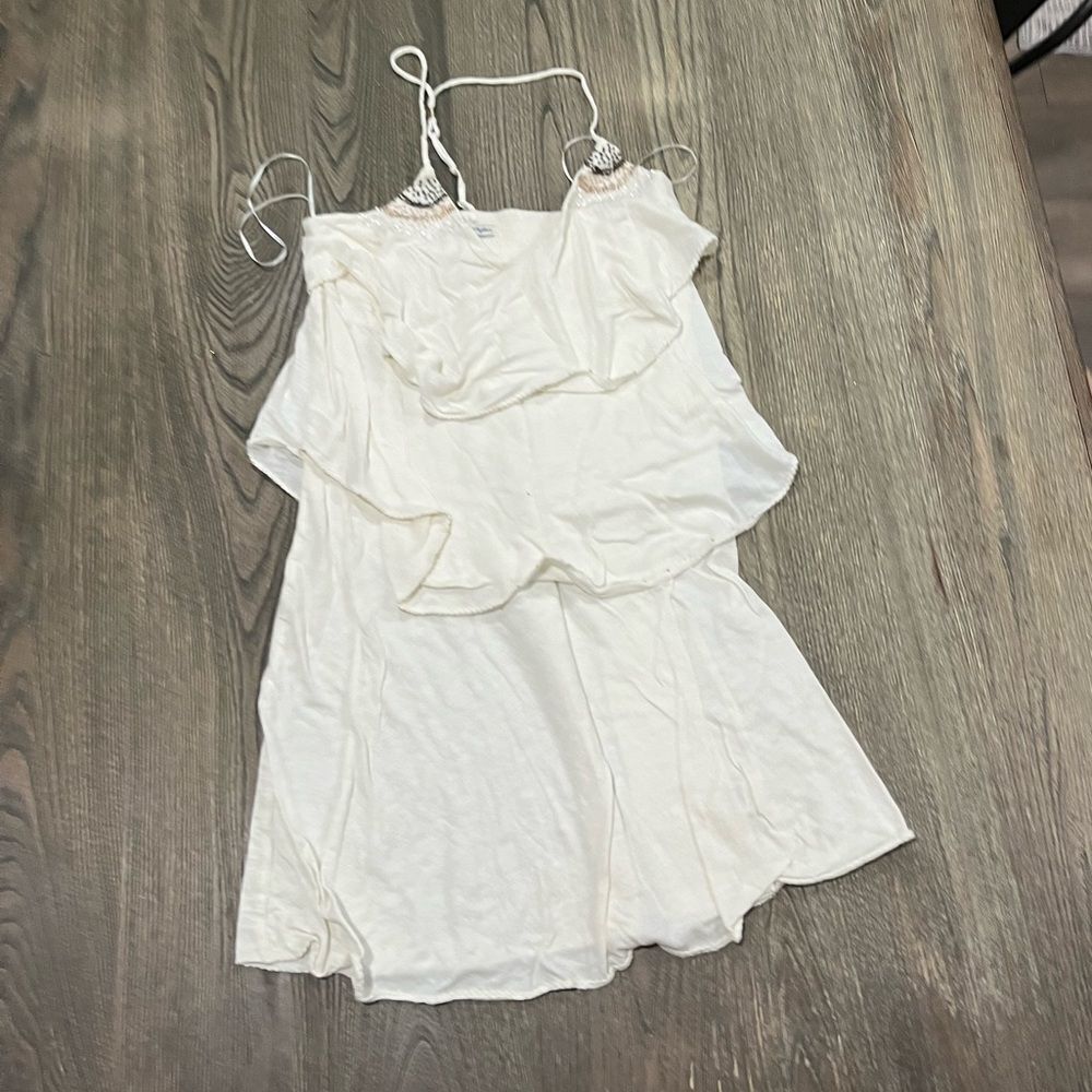 American Eagle Outfitter Dress Beaded Spaghetti Strap Tiered Ruffle Cream Size M